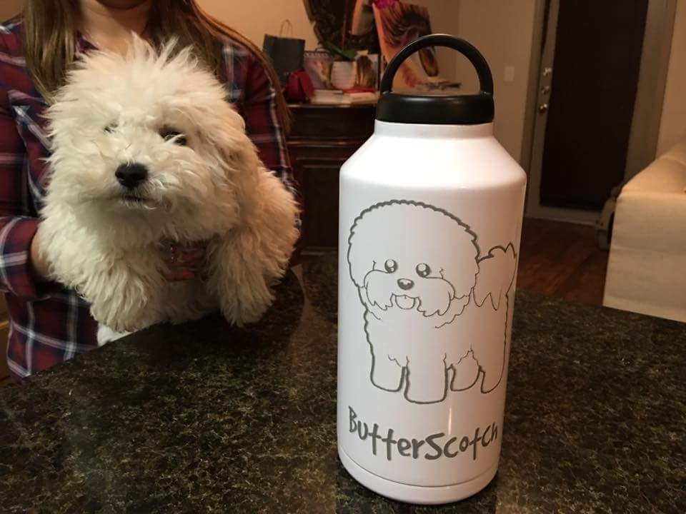 laser etched image of a puppy on a powder coated tumbler